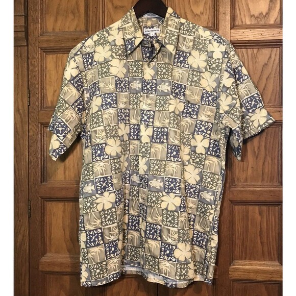 Via Veneto Men's M Hawaiian Shirt Short Sleeve Button Up Blue & Tan Cotton Korea - Picture 1 of 9